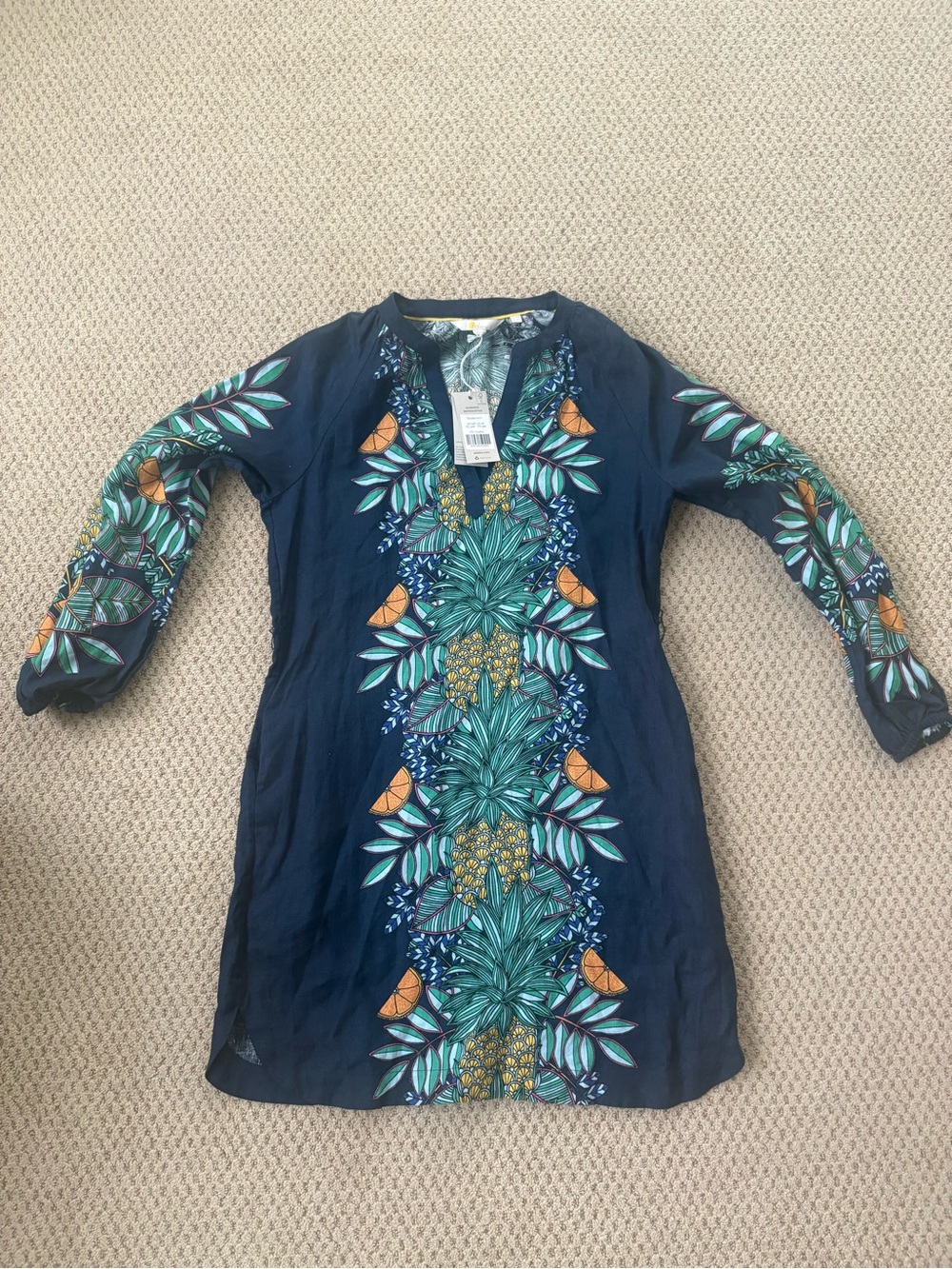 Boden linen dress tunic NWT US 6 notch neck linen mini navy pineapple bloom - Picture 6 of 16